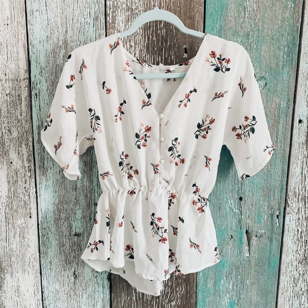Sienna Sky Floral Button Peplum Blouse White Small